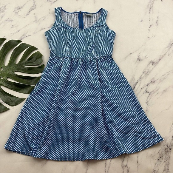 Maeve Anthropologie Dress Size M Blue White Polka Dot Jacquard Fit Flare Stretch - Picture 1 of 10